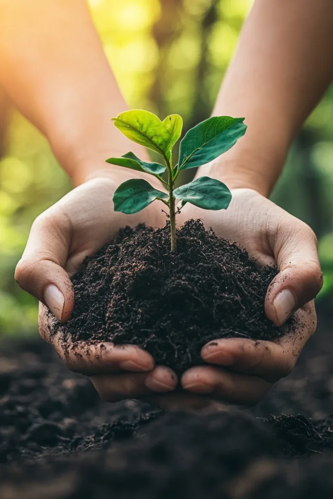 A pair of hands gently holding a small green seedling with rich soil, symbolizing growth and sustainability, with a blurred natural background and warm sunlight.