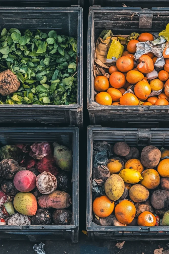 Four crates filled with discarded food, including wilted greens, overripe oranges, root vegetables, and spoiled fruits, highlighting the issue of food waste.