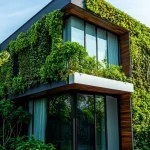 A modern eco-friendly house with lush green vertical gardens covering its exterior, large glass windows, and a sleek wooden facade, set against a clear blue sky.