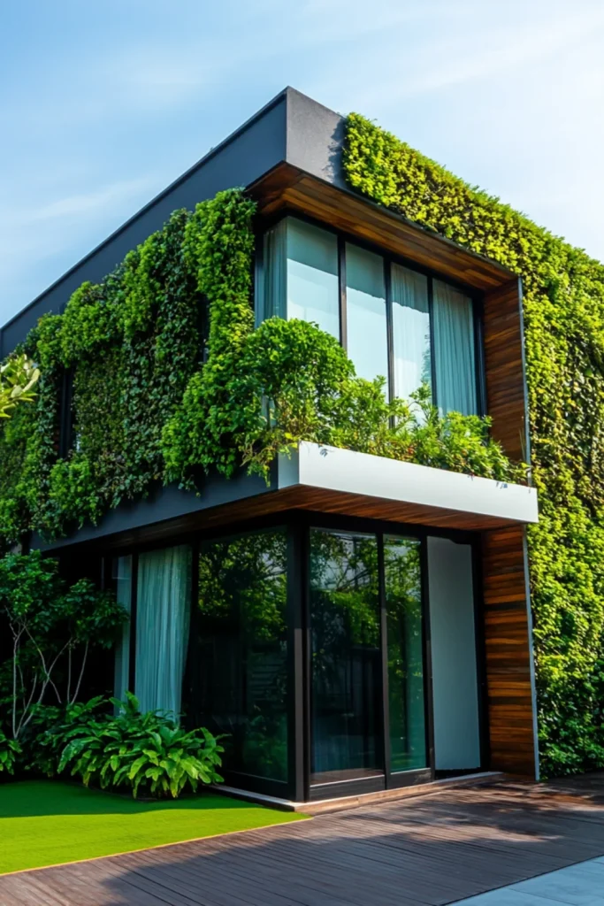 A modern eco-friendly house with lush green vertical gardens covering its exterior, large glass windows, and a sleek wooden facade, set against a clear blue sky.