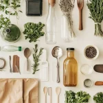 A flat lay of sustainable kitchen essentials, including herbs, glass jars, wooden utensils, reusable packaging, and eco-friendly tools on a neutral background.