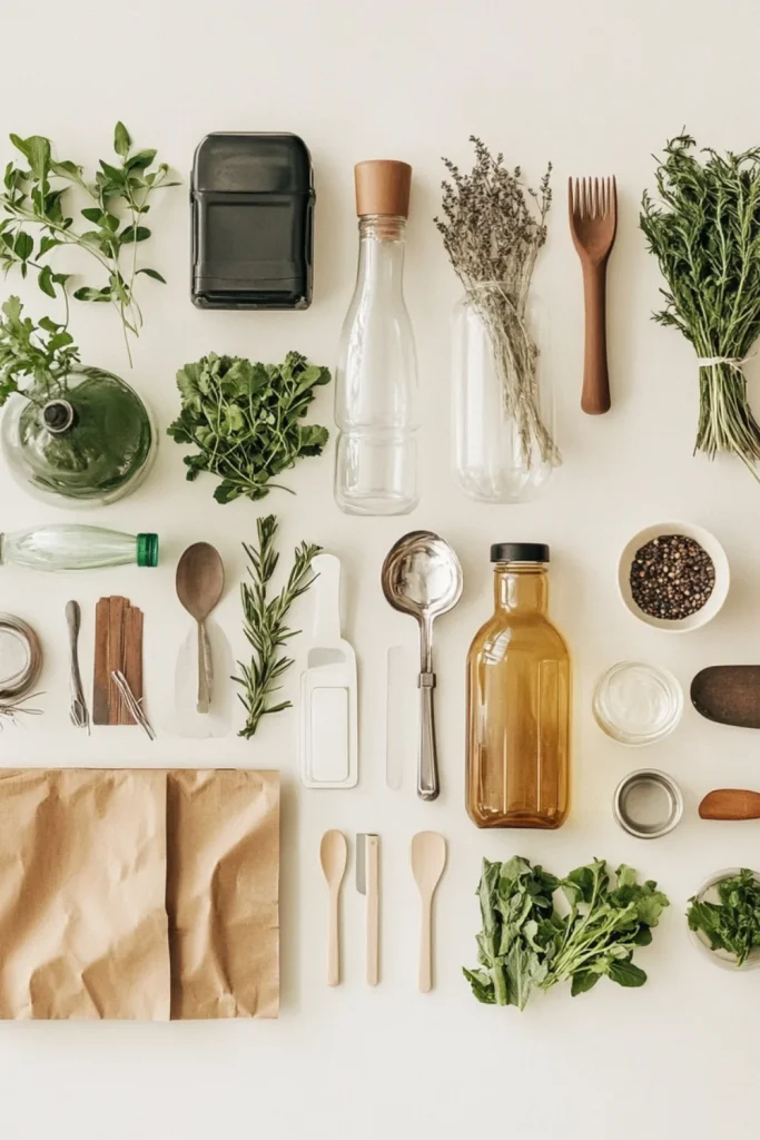 A flat lay of sustainable kitchen essentials, including herbs, glass jars, wooden utensils, reusable packaging, and eco-friendly tools on a neutral background.